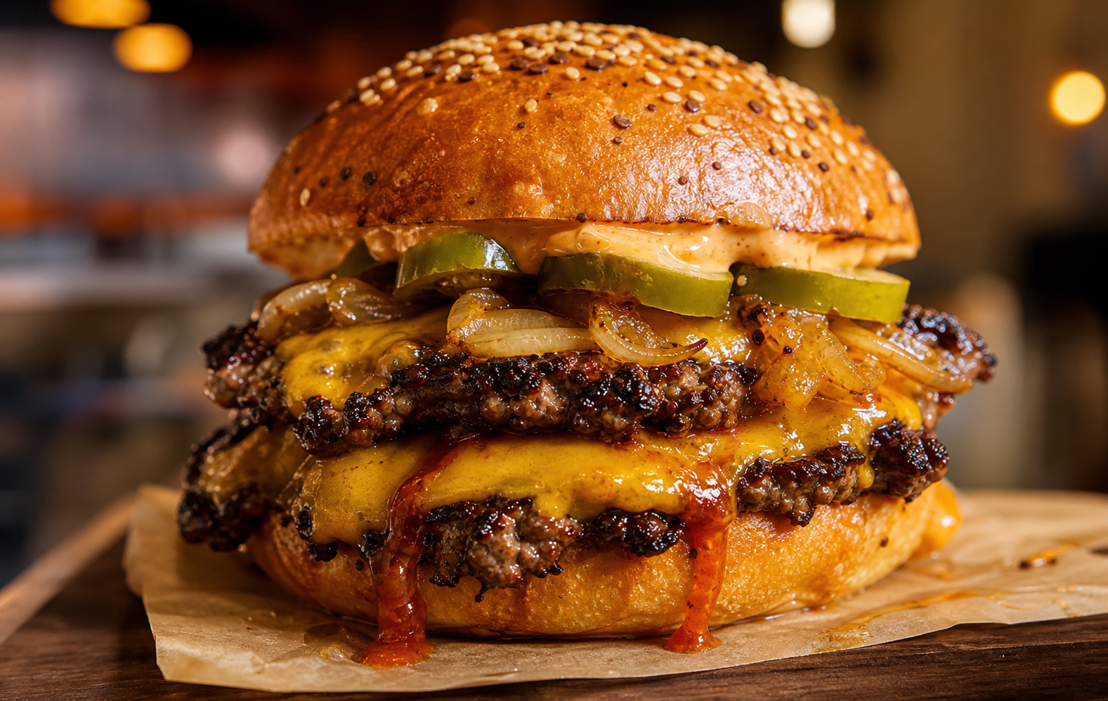 Messy halal beef burger with cheese and sauce