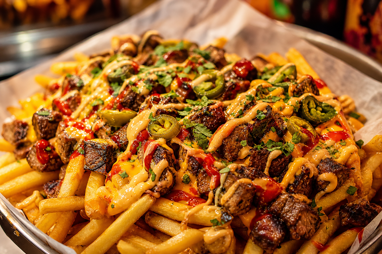 Loaded fries with boti pieces, cheese sauce, chilli, and jalapenos