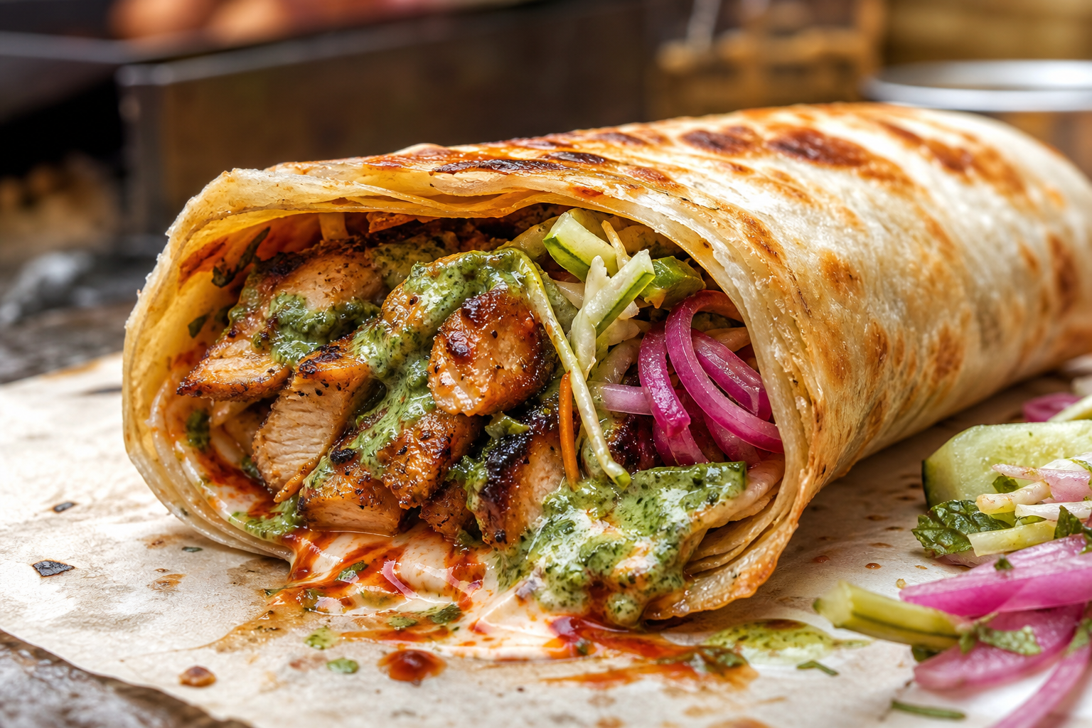Chicken roll paratha with chutney and pickled onion